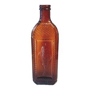 Amber Vintage Cod Liver Oil Bottle Embossed Fish & Scales 9”